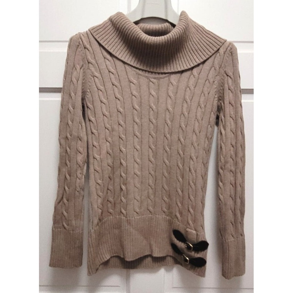Calvin Klein Women's Cowl Neck Cable Knit Buckle Detail Sweater - Brown - Small